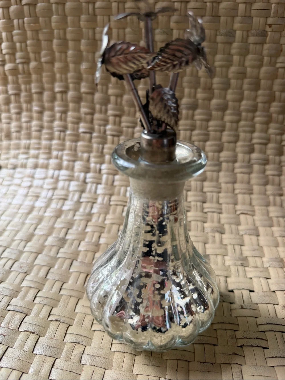 Vintage Mercury Glass Decanter Bottle & Silver Floral Leaves Stopper